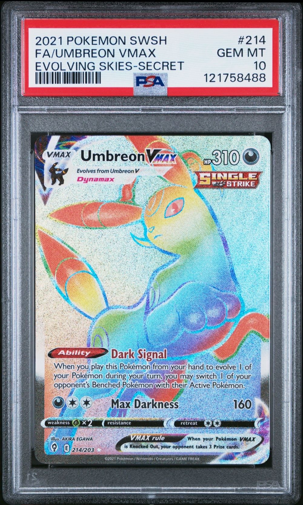 2021 #214 Full Art/Umbreon Vmax PSA 10 Sword & Shield Evolving Skies Pokemon