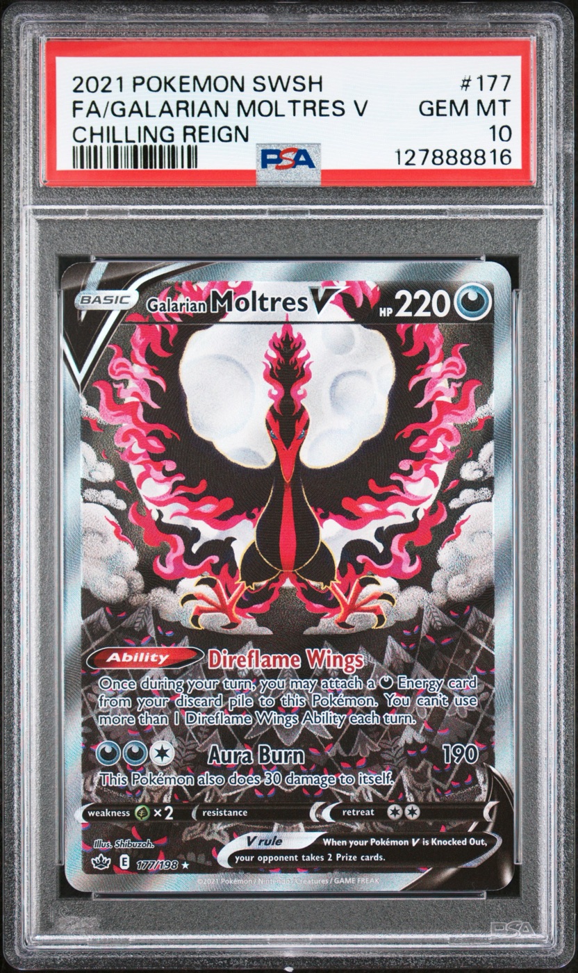 2021 #177 Full Art/Galarian Moltres V PSA 10 Sword & Shield Chilling Reign